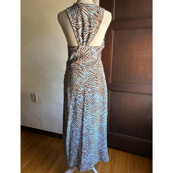 ZARA | Baby Blue and Brown Zebra V Neck Cocktail Dress with Slit | Size Small - Picture 6 of 6